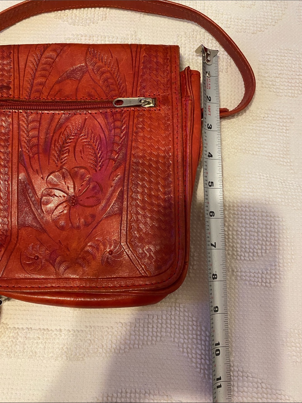 Hand-Tooled Floral Leather Crossbody Bag in Dark Pumpkin color. - Picture 3 of 10